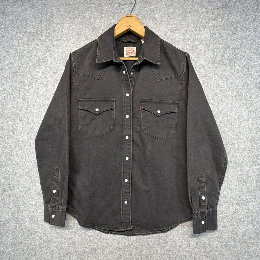 Levis Western Denim Shirt Mens Small Black Pearl Snap Long Sleeve Cotton